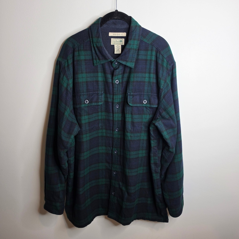L.L. Bean Flannel Shirt Jacket Mens Large Black Plaid Fleece Lined